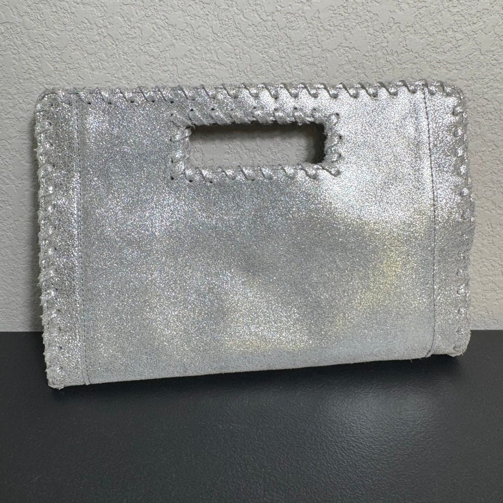 Silver Metallic Leather Whipstitch‎ Clutch Bag Wallet Glitter Sparkle